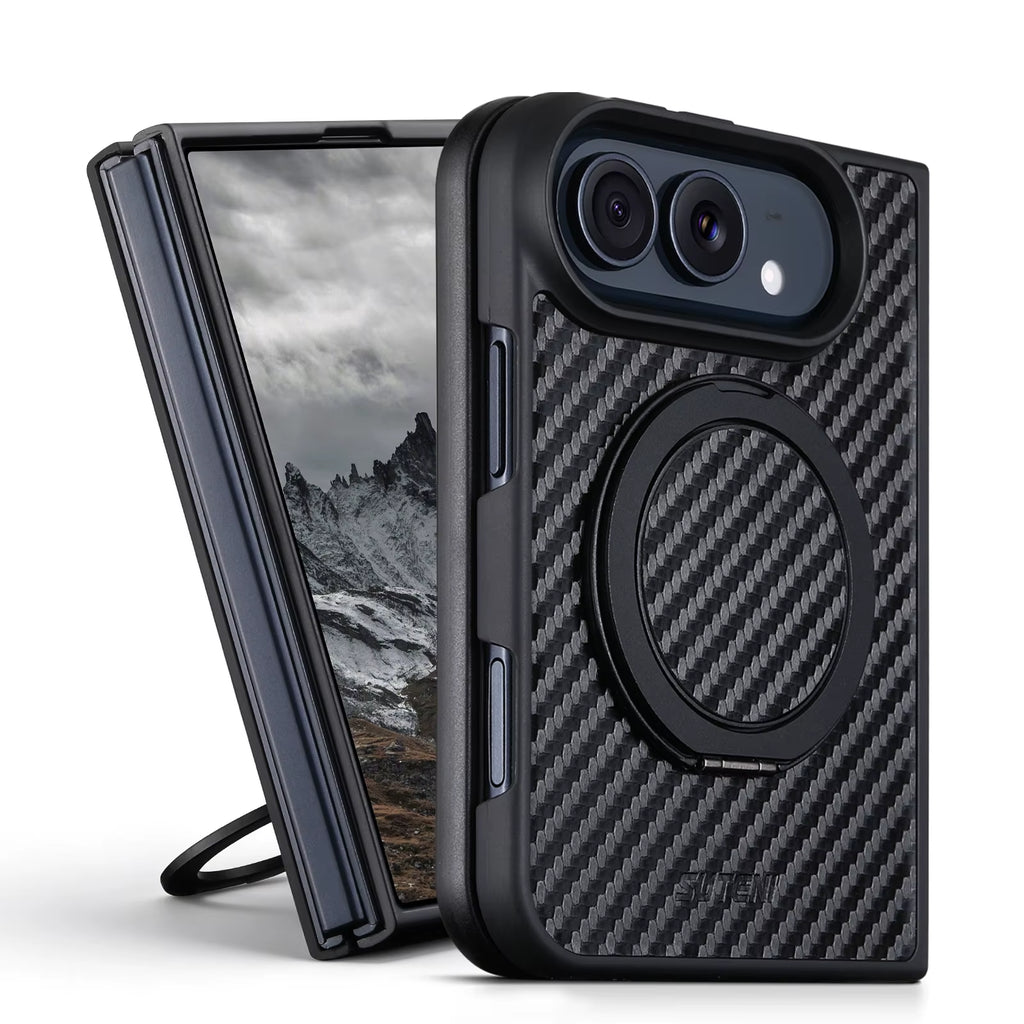 iPhone Duo Phone Case Magnet Wireless Charging 360° Rotating Stand Ring Buckle Faux Leather