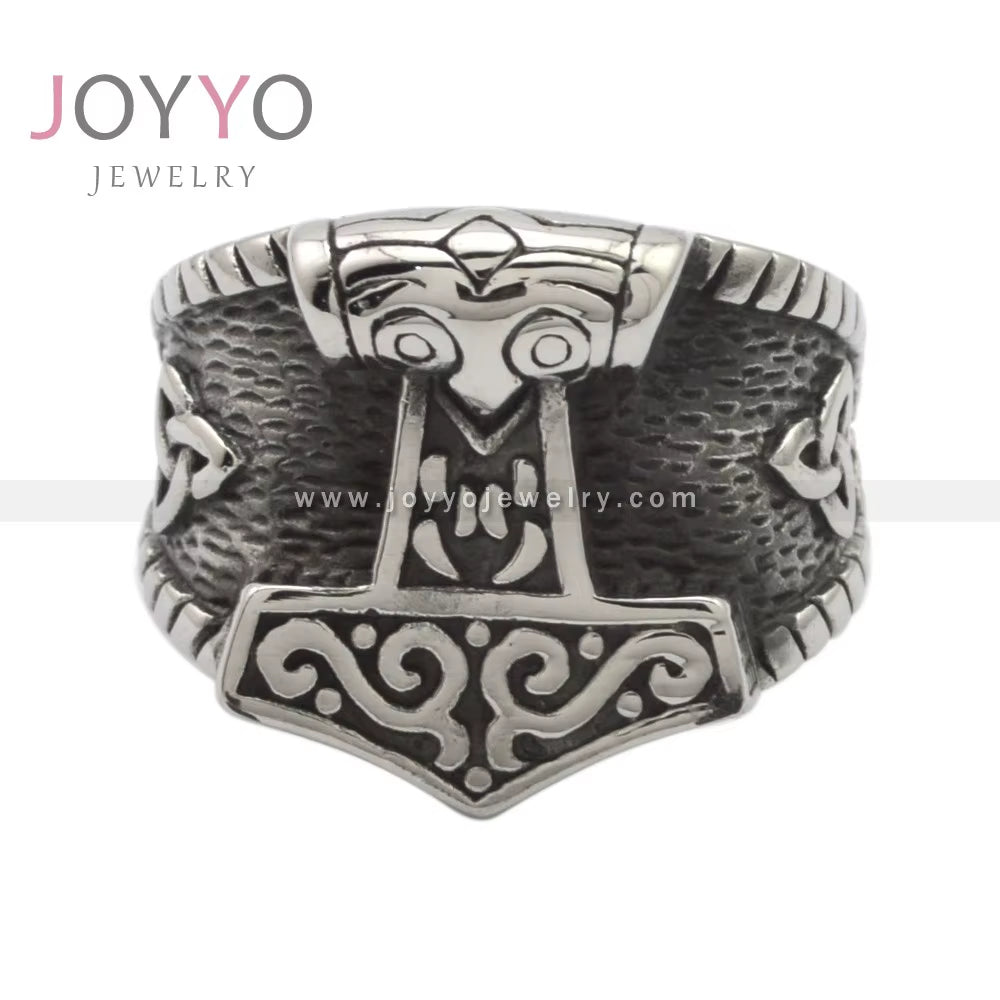 Nordic Viking Jewelry Vintage Stainless Steel Hammer of Thor Celtic Knots Handicraft Rings for Men Women
