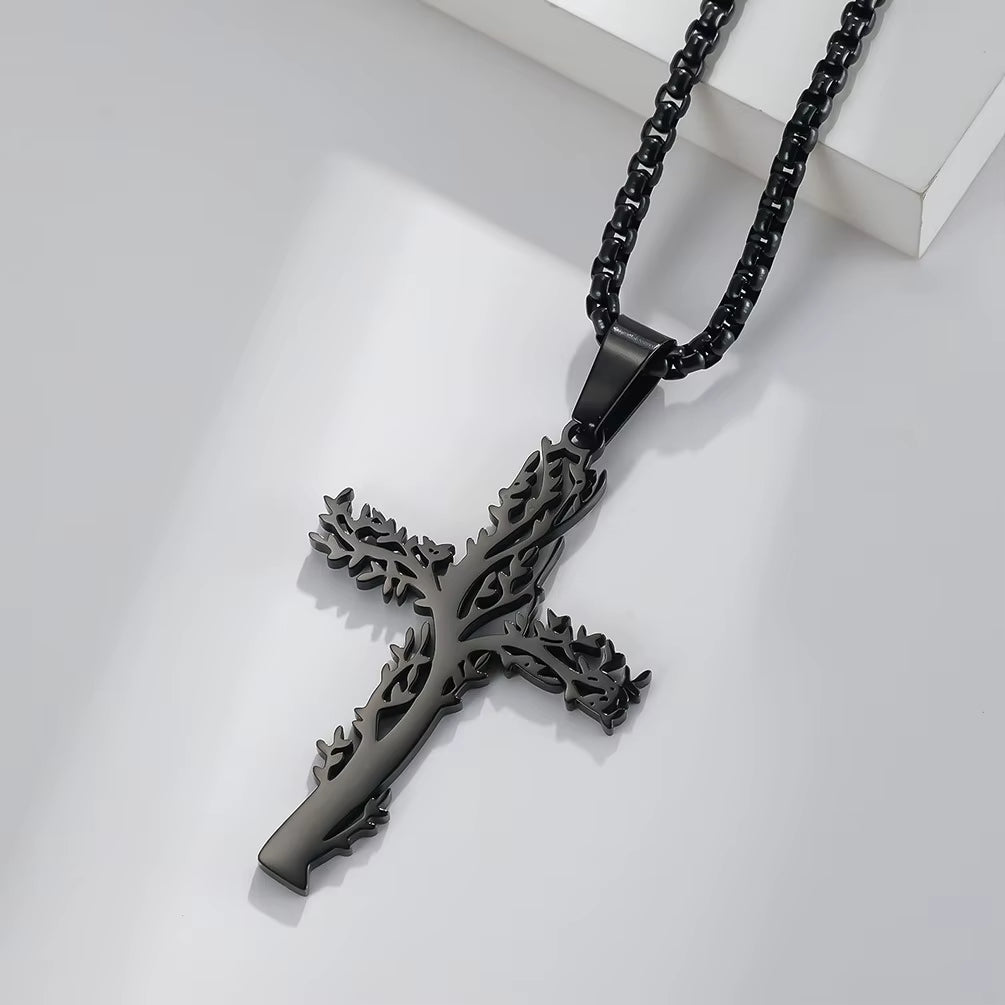Nordic Forged Tree of Life Cross Pendant Handmade Necklace