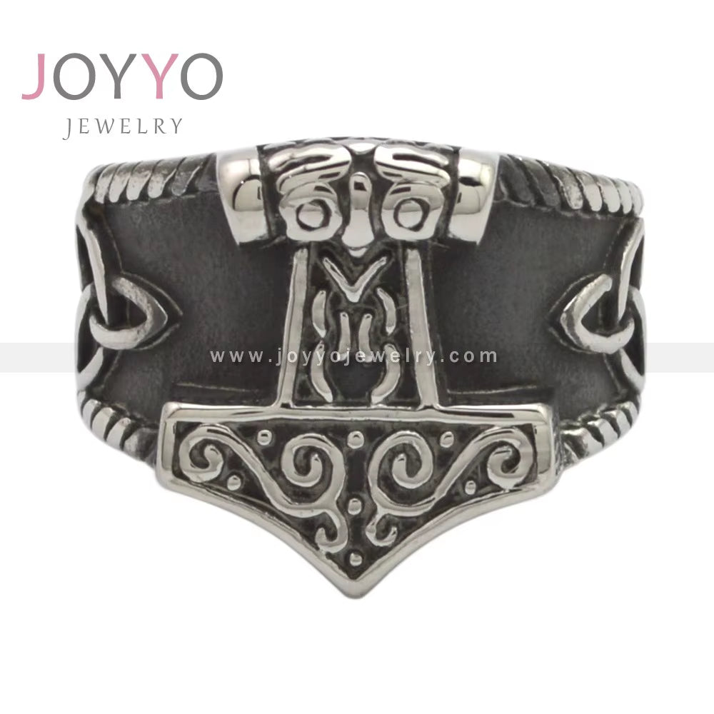 Nordic Viking Jewelry Vintage Stainless Steel Hammer of Thor Celtic Knots Handicraft Rings for Men Women