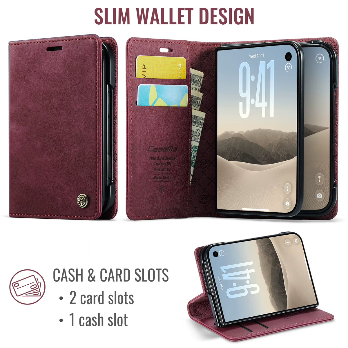 Caseme 023 Retro Leather Wallet Phone Case for iPhone Duo RFID-Blocking Magnetic Flip Cover Card Slots Kickstand Protective Case