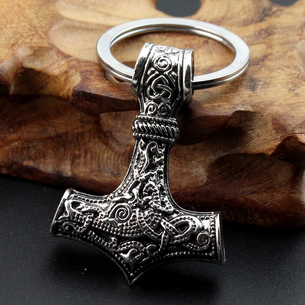 Scandinavian Keychains Charm Hammer Mjolnir Viking Amulet Metal Norse Jewelry with Offset Printing for Key Holder