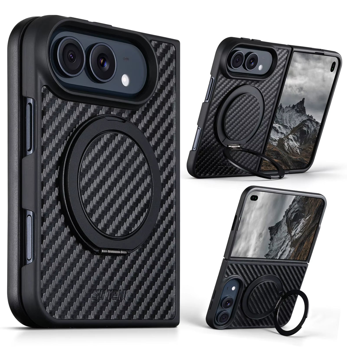 iPhone Duo Phone Case Magnet Wireless Charging 360° Rotating Stand Ring Buckle Faux Leather