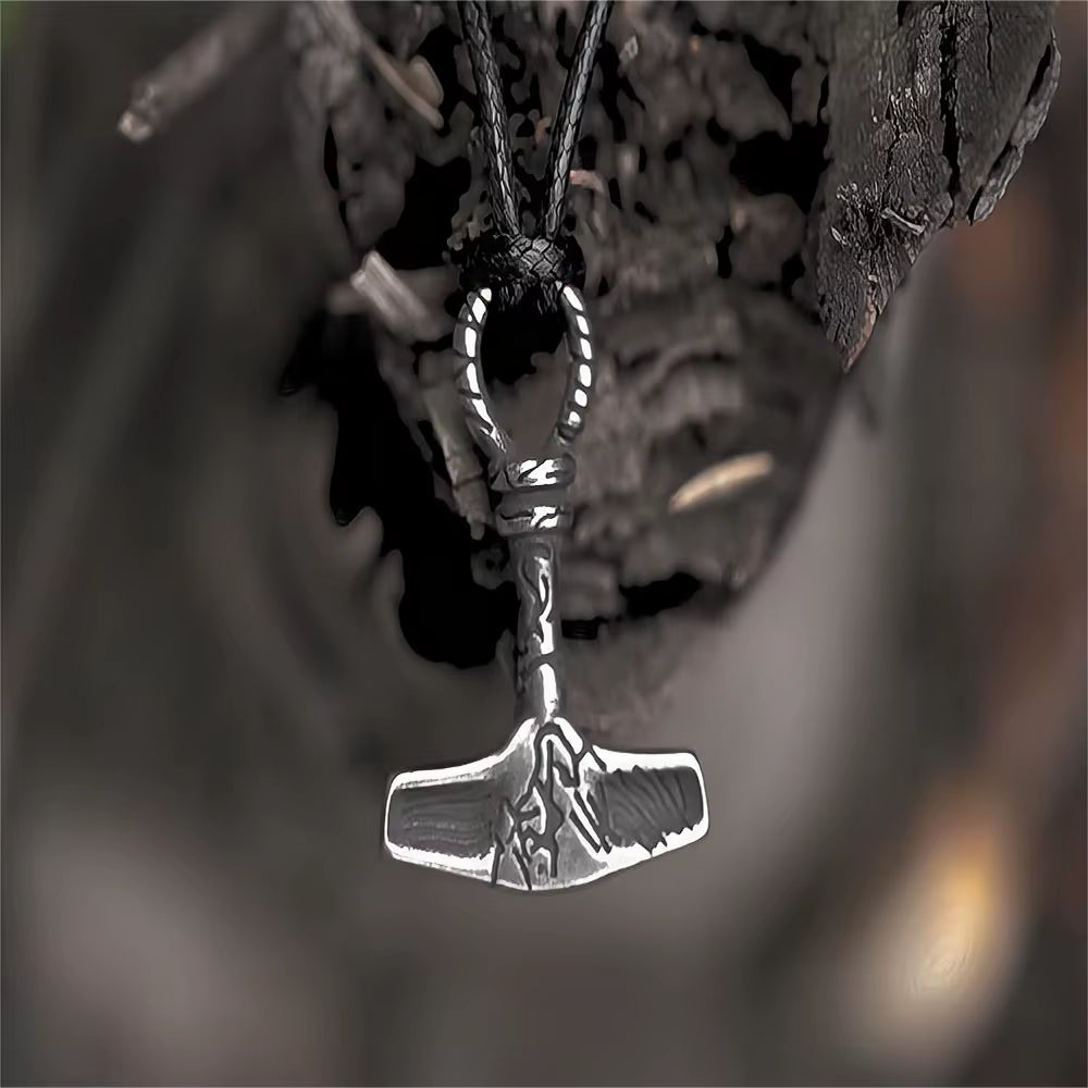Viking-style Retro Hammer Pendant Necklace Stainless Steel Bamboo Chain Fashionable Mens
