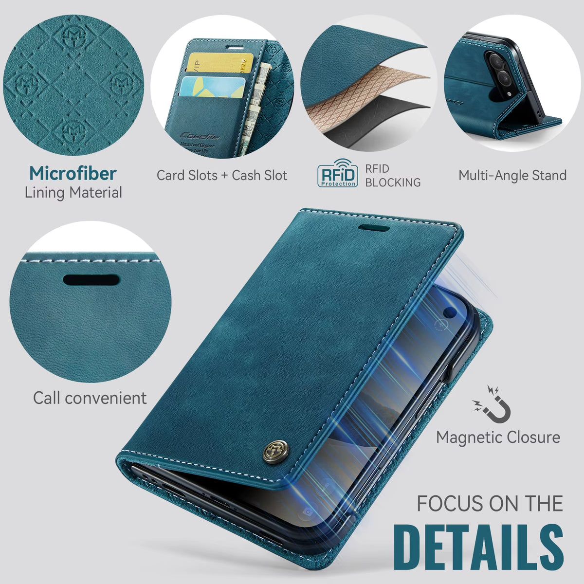 Caseme 023 Retro Leather Wallet Phone Case for iPhone Duo RFID-Blocking Magnetic Flip Cover Card Slots Kickstand Protective Case