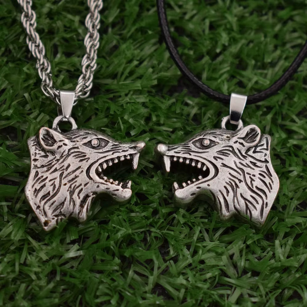 Vintage Norse Vikings Wolf Pendant Necklace Women's Punk Lucky Charm Animal Jewelry Rope Chain Zinc Alloy