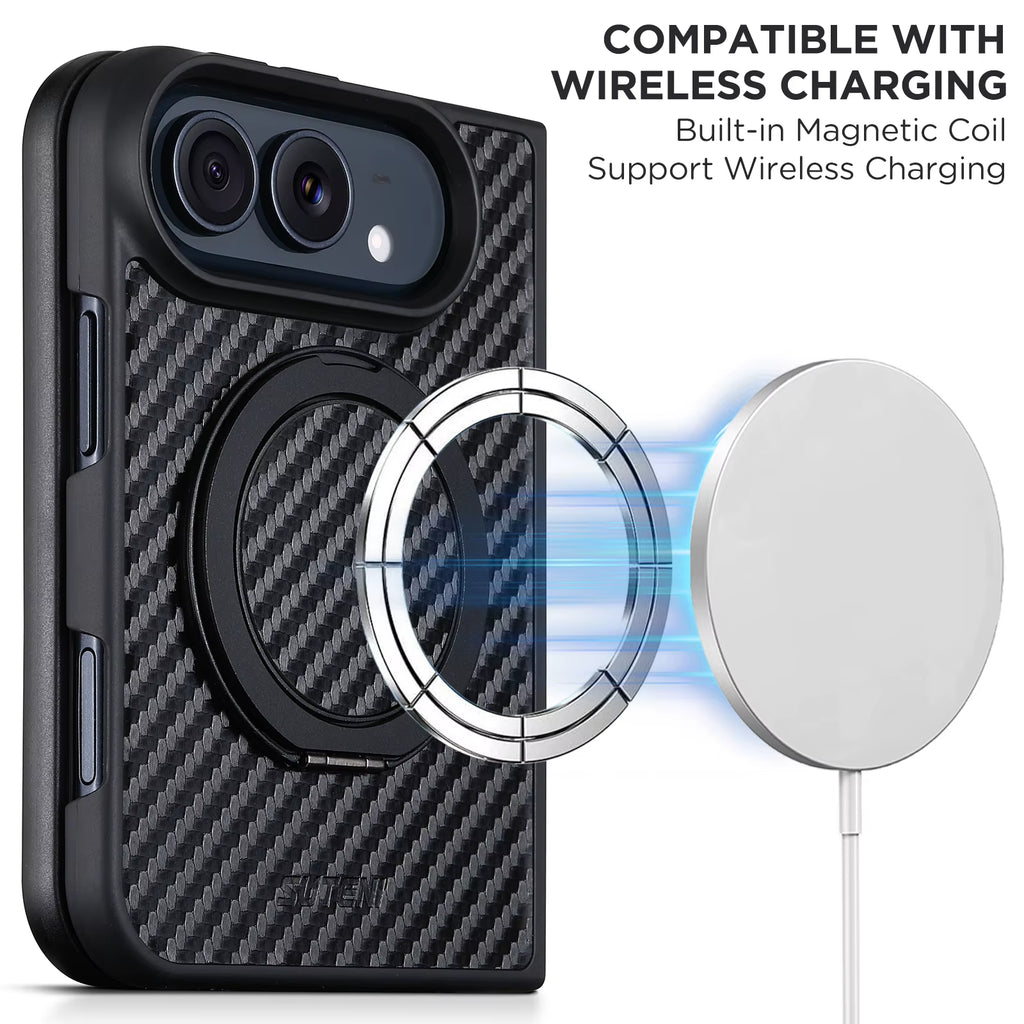 iPhone Duo Phone Case Magnet Wireless Charging 360° Rotating Stand Ring Buckle Faux Leather
