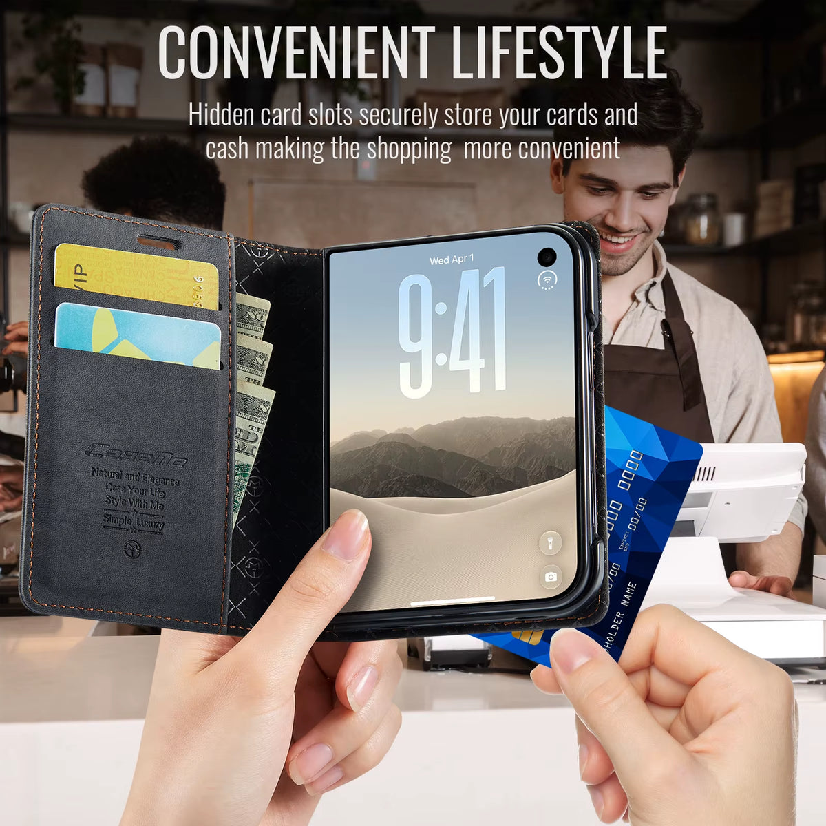 Caseme 023 Retro Leather Wallet Phone Case for iPhone Duo RFID-Blocking Magnetic Flip Cover Card Slots Kickstand Protective Case