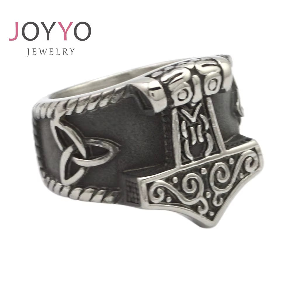 Nordic Viking Jewelry Vintage Stainless Steel Hammer of Thor Celtic Knots Handicraft Rings for Men Women